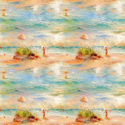 beach scene, ocean waves, impressionist style, peach umbrella, figure silhouette, sand dunes, sea grass, turquoise water, coral pink, soft pastels, watercolor effect, coastal landscape, quilting cotton, fabric panel, summer scene, peaceful mood, artistic brushstrokes, seaside setting, nature motif, repetitive pattern