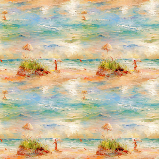 beach scene, ocean waves, impressionist style, peach umbrella, figure silhouette, sand dunes, sea grass, turquoise water, coral pink, soft pastels, watercolor effect, coastal landscape, quilting cotton, fabric panel, summer scene, peaceful mood, artistic brushstrokes, seaside setting, nature motif, repetitive pattern