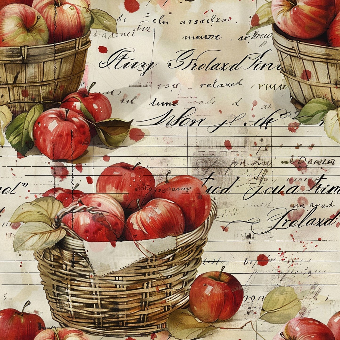 red apples, wicker baskets, vintage script, beige background, farm fresh, harvest theme, botanical illustration, watercolor style, cotton fabric, quilting panel, rustic charm, autumn colors, fruit motif, handwritten text, country living, aged paper, natural elements, farmhouse aesthetic, seasonal produce, nostalgic artwork