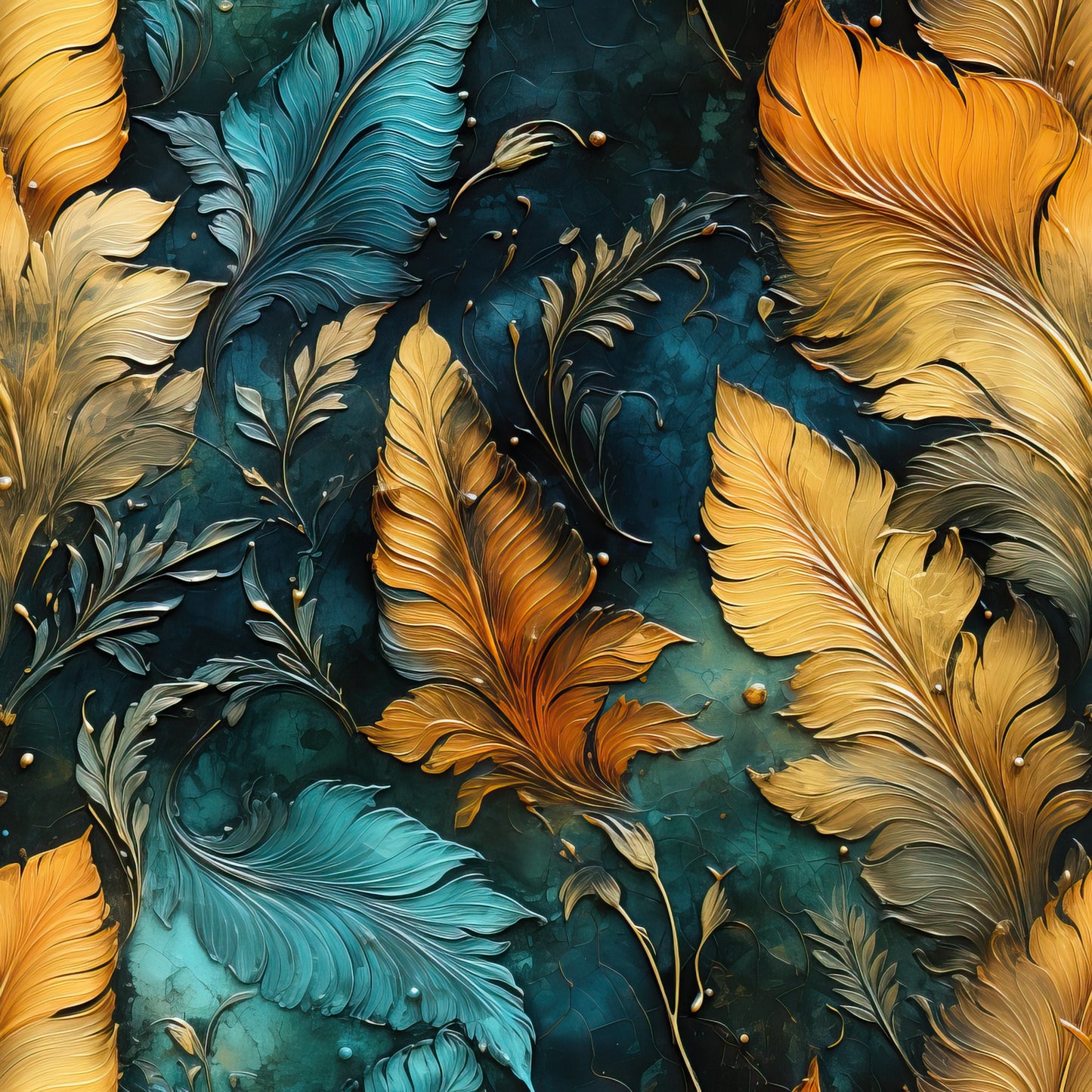tropical feathers, golden orange, teal blue, deep emerald, autumn colors, ornate plumes, decorative feathers, luxurious pattern, botanical motifs, jewel tones, quilting cotton, fabric panel, exotic birds, flowing design, rich textures, warm hues, artistic illustration, nature inspired, fall theme, premium fabric