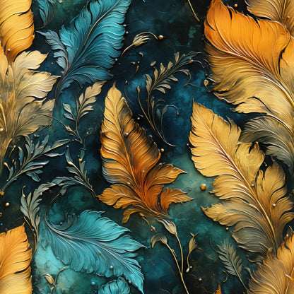 tropical feathers, golden orange, teal blue, deep emerald, autumn colors, ornate plumes, decorative feathers, luxurious pattern, botanical motifs, jewel tones, quilting cotton, fabric panel, exotic birds, flowing design, rich textures, warm hues, artistic illustration, nature inspired, fall theme, premium fabric