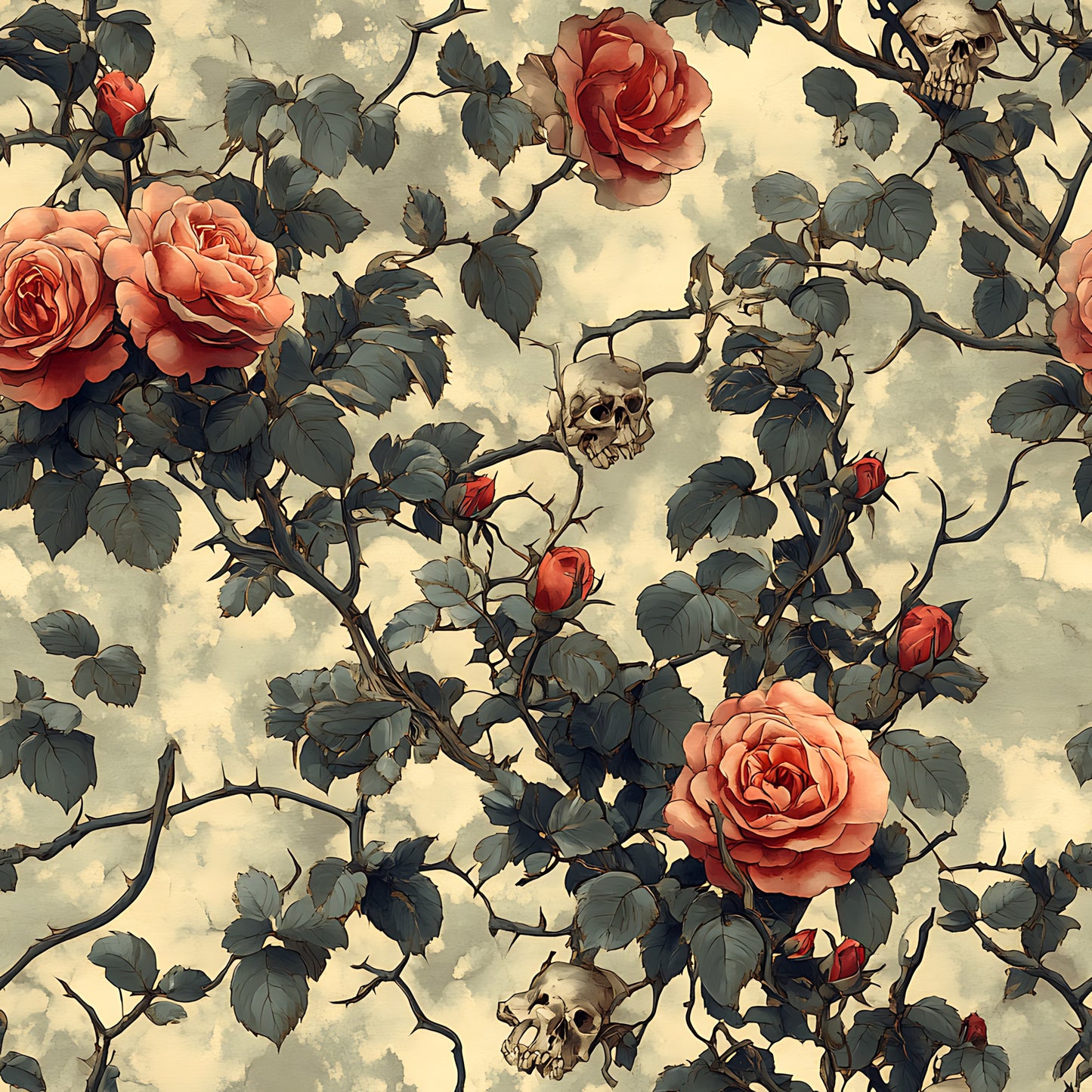 coral roses, skulls, thorny vines, gothic floral, peach roses, dark green leaves, cream background, morbid botanical, rose buds, bramble thorns, quilting cotton, fabric panel, gothic romance, skulls and roses, vintage style, moody floral, spooky garden, death and beauty, coral pink, dusty rose