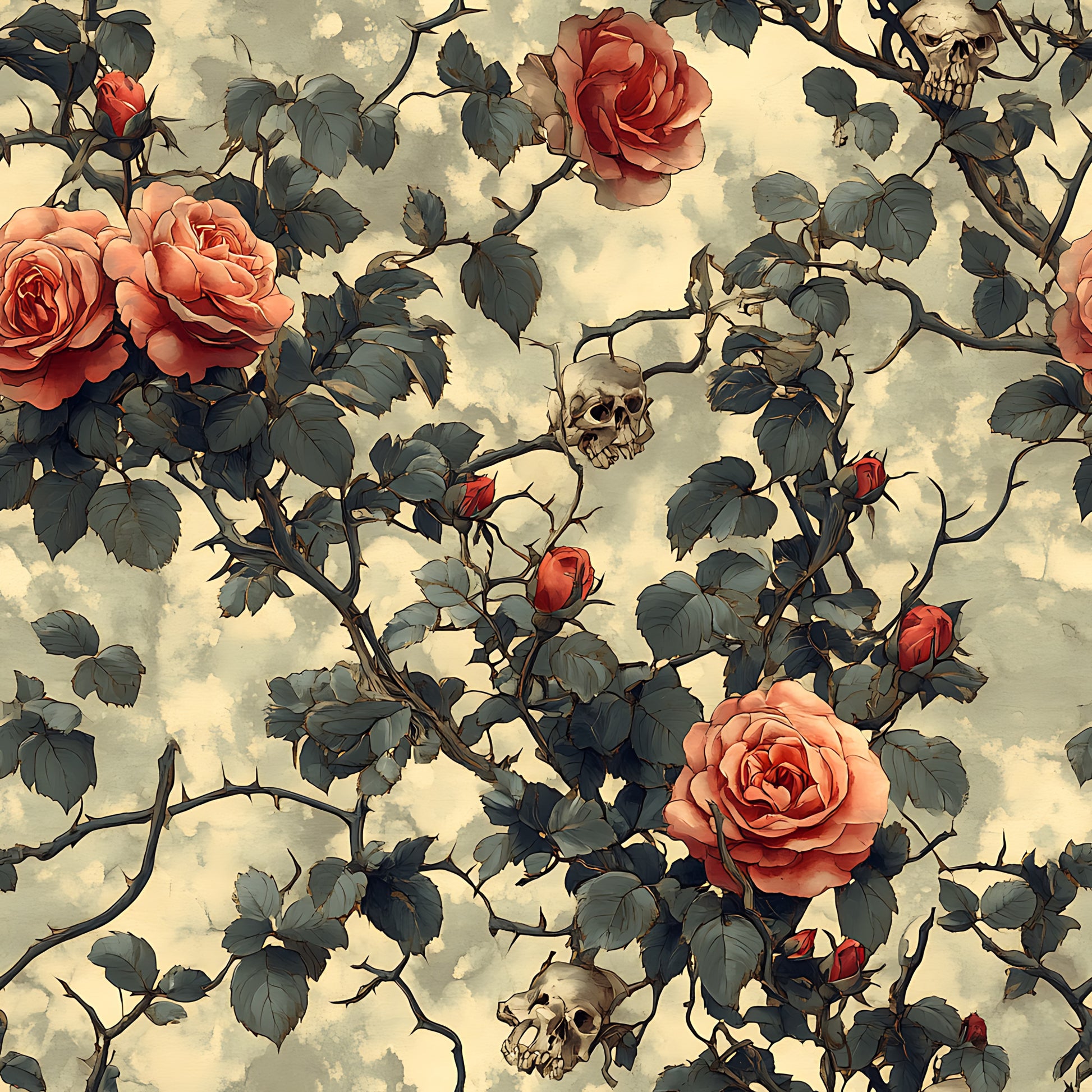coral roses, skulls, thorny vines, gothic floral, peach roses, dark green leaves, cream background, morbid botanical, rose buds, bramble thorns, quilting cotton, fabric panel, gothic romance, skulls and roses, vintage style, moody floral, spooky garden, death and beauty, coral pink, dusty rose