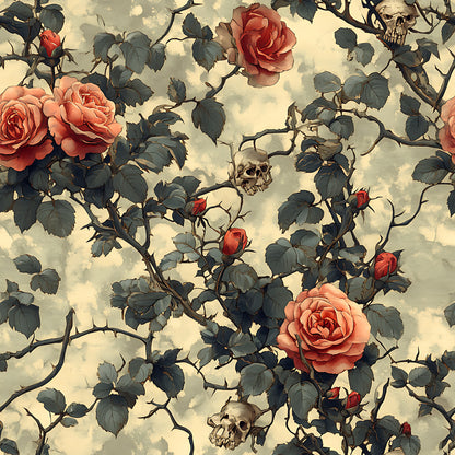coral roses, skulls, thorny vines, gothic floral, peach roses, dark green leaves, cream background, morbid botanical, rose buds, bramble thorns, quilting cotton, fabric panel, gothic romance, skulls and roses, vintage style, moody floral, spooky garden, death and beauty, coral pink, dusty rose