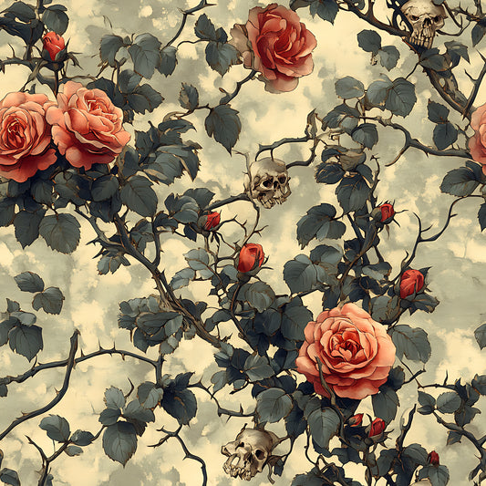 coral roses, skulls, thorny vines, gothic floral, peach roses, dark green leaves, cream background, morbid botanical, rose buds, bramble thorns, quilting cotton, fabric panel, gothic romance, skulls and roses, vintage style, moody floral, spooky garden, death and beauty, coral pink, dusty rose
