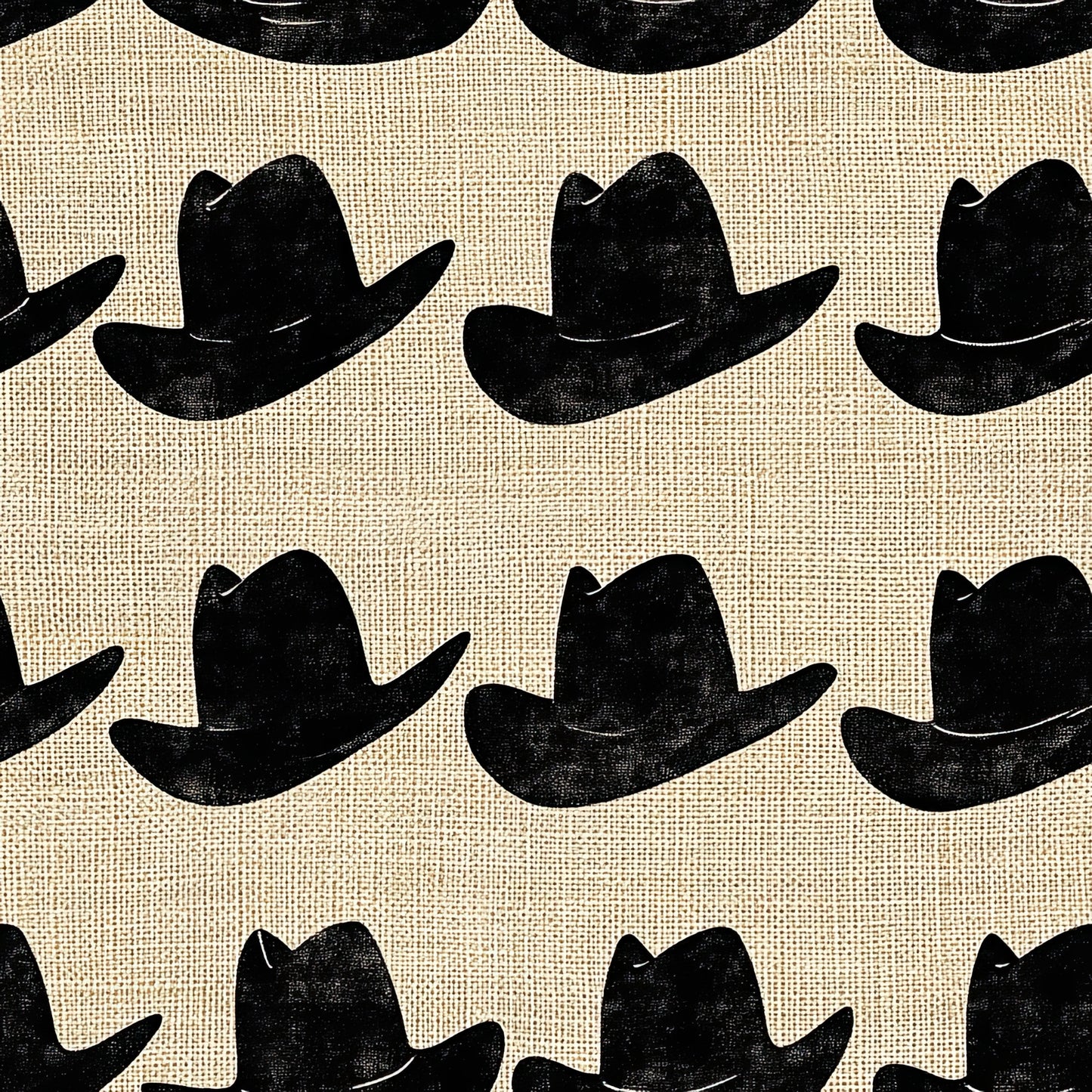 black cowboy hats, cream background, burlap texture, western theme, repeating pattern, silhouette design, ranch style, country motif, quilting cotton, fabric panel, rustic appearance, stamped effect, geometric arrangement, americana style, outdoor lifestyle, textured weave, monochromatic scheme, distressed finish, cowboy accessories, western wear