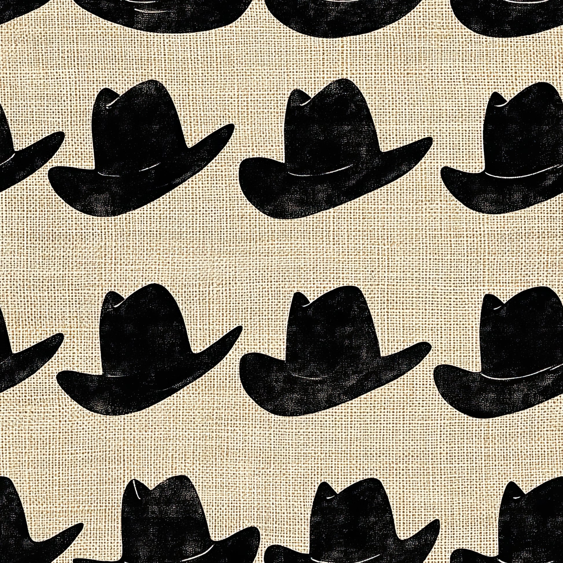 black cowboy hats, cream background, burlap texture, western theme, repeating pattern, silhouette design, ranch style, country motif, quilting cotton, fabric panel, rustic appearance, stamped effect, geometric arrangement, americana style, outdoor lifestyle, textured weave, monochromatic scheme, distressed finish, cowboy accessories, western wear