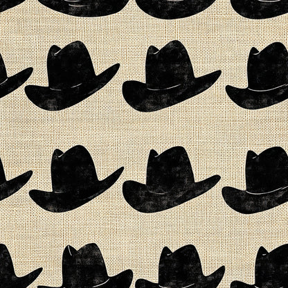 black cowboy hats, cream background, burlap texture, western theme, repeating pattern, silhouette design, ranch style, country motif, quilting cotton, fabric panel, rustic appearance, stamped effect, geometric arrangement, americana style, outdoor lifestyle, textured weave, monochromatic scheme, distressed finish, cowboy accessories, western wear