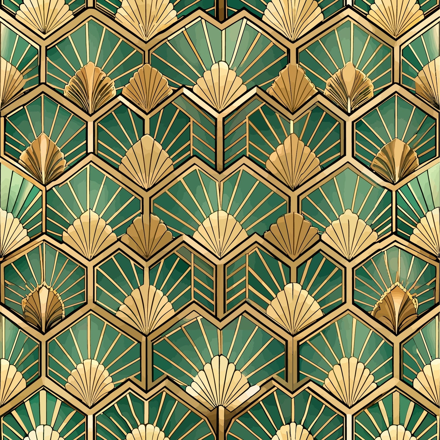 art deco, geometric pattern, fan motifs, hexagonal shapes, emerald green, gold, cream, beige, repetitive design, sunburst pattern, radiating lines, vintage style, quilting cotton, fabric panel, luxurious, ornate design, 1920s inspired, symmetrical pattern, decorative motifs
