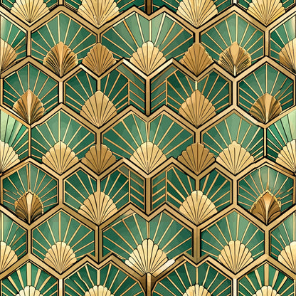art deco, geometric pattern, fan motifs, hexagonal shapes, emerald green, gold, cream, beige, repetitive design, sunburst pattern, radiating lines, vintage style, quilting cotton, fabric panel, luxurious, ornate design, 1920s inspired, symmetrical pattern, decorative motifs