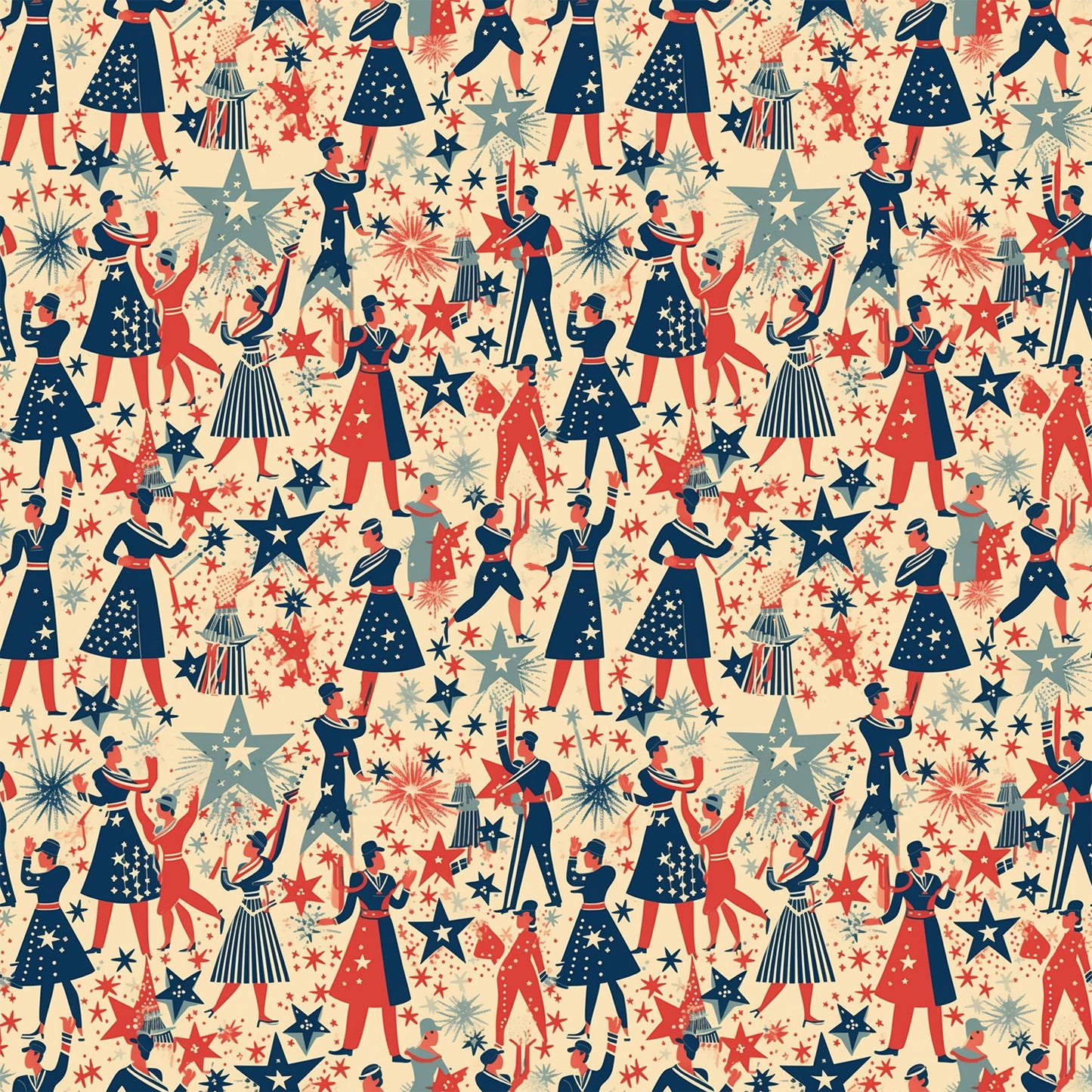 red, navy blue, cream, beige, patriotic pattern, marching band, musical performers, stars, fireworks, repeating pattern, vintage style, americana theme, quilting cotton, fabric panel, celebration, parade scene, retro illustration, fourth of july, festive design, geometric stars