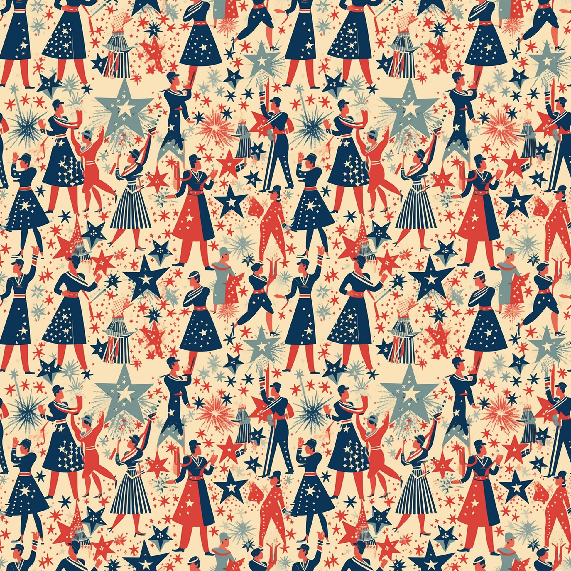 red, navy blue, cream, beige, patriotic pattern, marching band, musical performers, stars, fireworks, repeating pattern, vintage style, americana theme, quilting cotton, fabric panel, celebration, parade scene, retro illustration, fourth of july, festive design, geometric stars