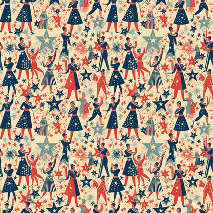 red, navy blue, cream, beige, patriotic pattern, marching band, musical performers, stars, fireworks, repeating pattern, vintage style, americana theme, quilting cotton, fabric panel, celebration, parade scene, retro illustration, fourth of july, festive design, geometric stars