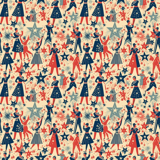 red, navy blue, cream, beige, patriotic pattern, marching band, musical performers, stars, fireworks, repeating pattern, vintage style, americana theme, quilting cotton, fabric panel, celebration, parade scene, retro illustration, fourth of july, festive design, geometric stars