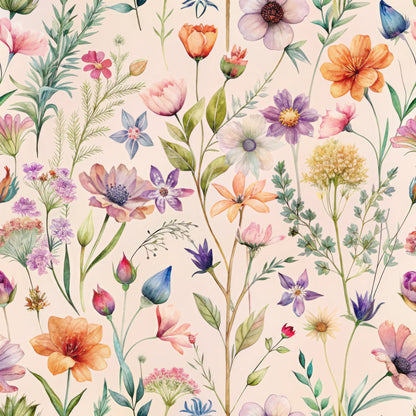 wildflowers, botanical pattern, watercolor style, pastel colors, pink flowers, purple blooms, orange blossoms, green foliage, white background, delicate stems, meadow flowers, quilting cotton, fabric panel, floral design, soft pastels, nature motif, spring flowers, whimsical botanicals, scattered blooms, feminine florals