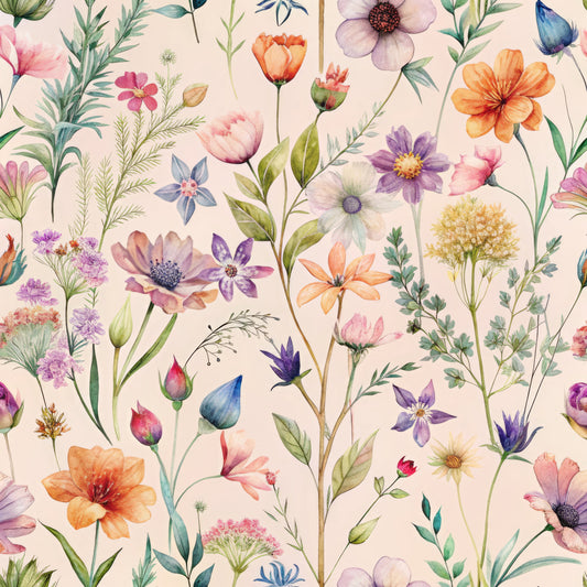 wildflowers, botanical pattern, watercolor style, pastel colors, pink flowers, purple blooms, orange blossoms, green foliage, white background, delicate stems, meadow flowers, quilting cotton, fabric panel, floral design, soft pastels, nature motif, spring flowers, whimsical botanicals, scattered blooms, feminine florals