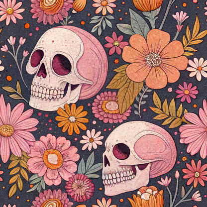 retro halloween, skulls, floral pattern, pink flowers, orange blooms, coral petals, sage green leaves, charcoal background, vintage style, day of the dead, sugar skull aesthetic, botanical elements, quilting cotton, fabric panel, autumn colors, spooky cute, decorative skulls, mixed florals, halloween decor, cotton fabric