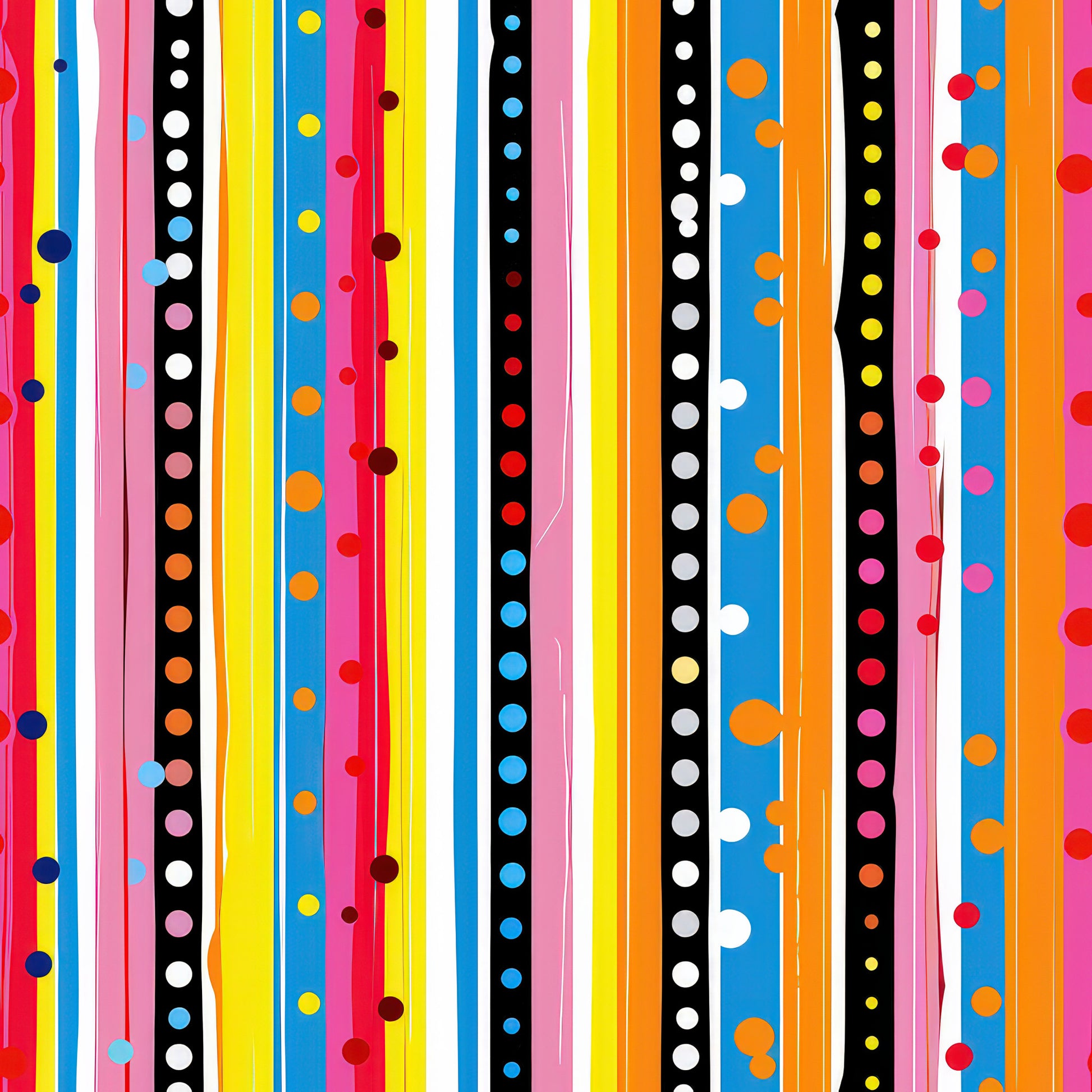 bright stripes, polka dots, vertical lines, red stripes, blue stripes, yellow stripes, orange stripes, pink stripes, black stripes, white dots, colorful circles, geometric pattern, vibrant colors, playful design, quilting cotton, fabric panel, rainbow colors, modern pattern, cheerful mood, contemporary style