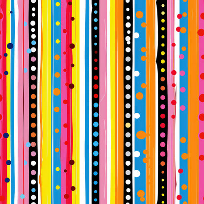 bright stripes, polka dots, vertical lines, red stripes, blue stripes, yellow stripes, orange stripes, pink stripes, black stripes, white dots, colorful circles, geometric pattern, vibrant colors, playful design, quilting cotton, fabric panel, rainbow colors, modern pattern, cheerful mood, contemporary style