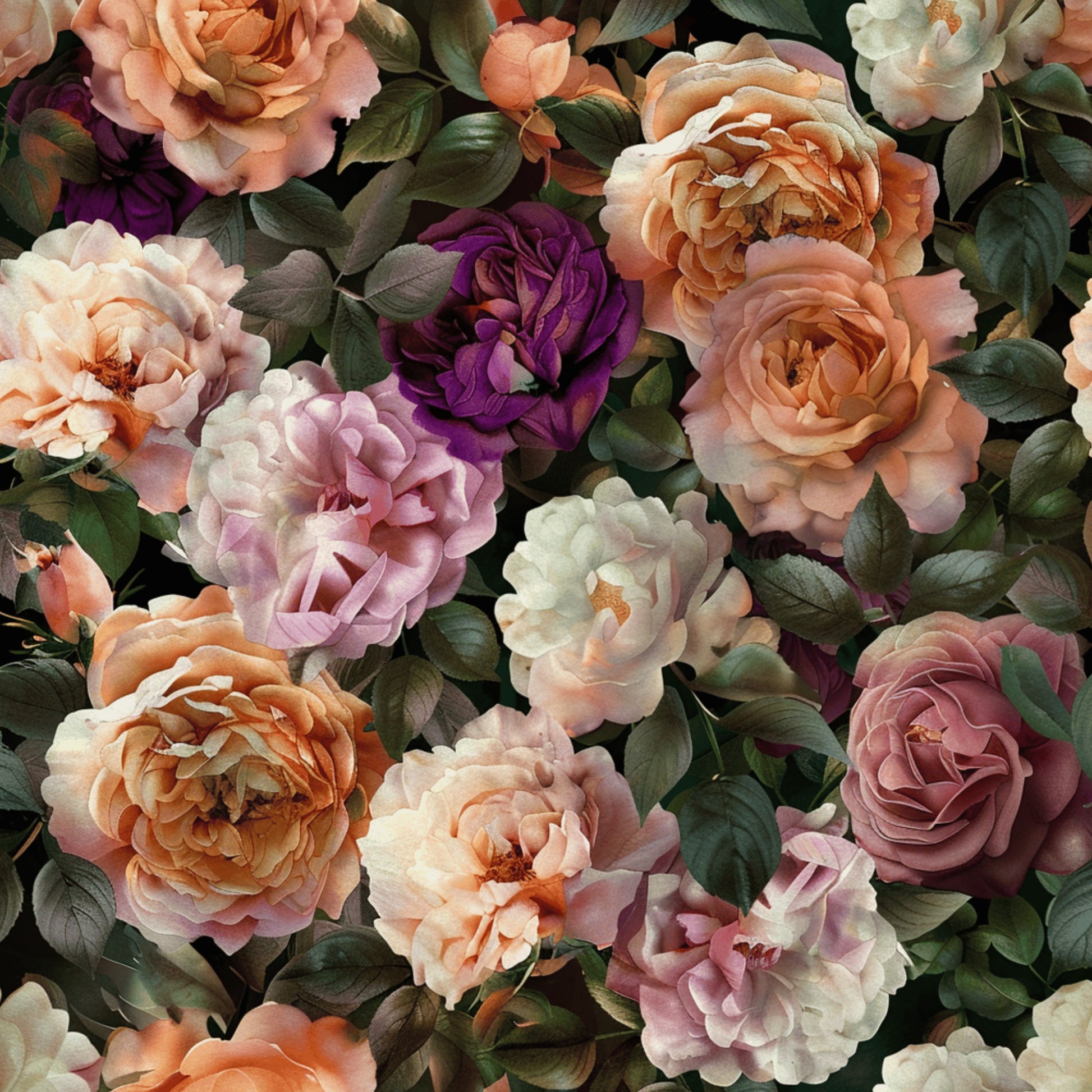 peach roses, purple flowers, coral blooms, cream petals, mauve roses, green leaves, realistic floral, botanical pattern, layered petals, garden flowers, quilting cotton, fabric panel, vintage style, romantic florals, soft pastels, rose garden, floral arrangement, nature inspired, blooming roses, cottage garden