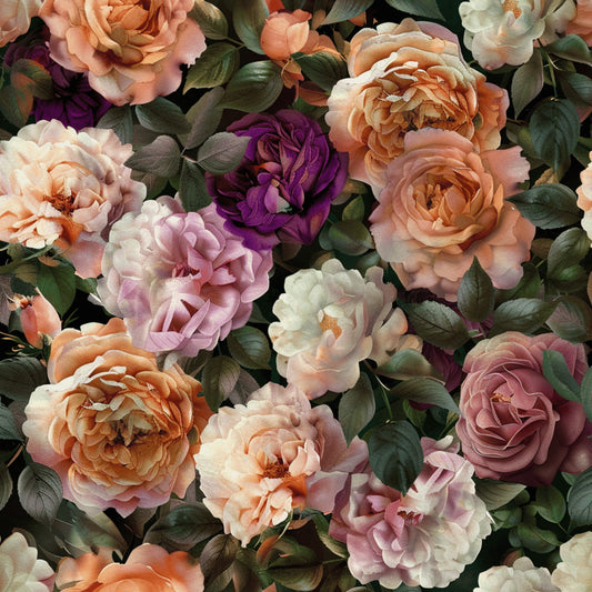 peach roses, purple flowers, coral blooms, cream petals, mauve roses, green leaves, realistic floral, botanical pattern, layered petals, garden flowers, quilting cotton, fabric panel, vintage style, romantic florals, soft pastels, rose garden, floral arrangement, nature inspired, blooming roses, cottage garden