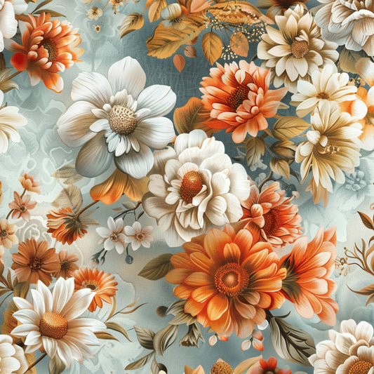 realistic flowers, floral pattern, orange blooms, white flowers, cream petals, coral accents, sage green background, botanical design, layered petals, daisy-like flowers, autumn colors, warm tones, quilting cotton, fabric panel, detailed stamens, leaf motifs, soft pastels, vintage style, seamless repeat, nature inspired