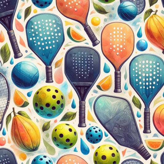 watercolor, pickleball, paddles, balls, sports equipment, teal, coral, orange, navy, yellow, green, blue, polka dots, citrus slices, leaves, athletic theme, recreational sports, quilting cotton, fabric panel, colorful pattern, geometric shapes, droplets, playful design