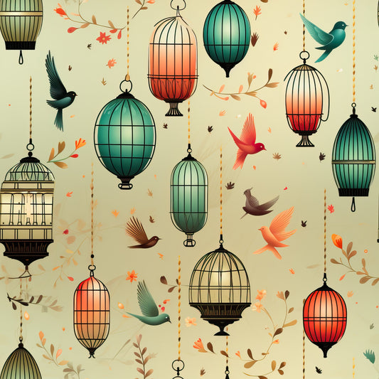 vintage birdcages, flying birds, autumn leaves, teal cages, coral cages, cream background, quilting cotton, fabric panel, whimsical pattern, decorative lanterns, bird motifs, fall foliage, ornate cages, nature inspired, crafting fabric, orange accents, green tones, vintage style, scattered leaves, hanging cages