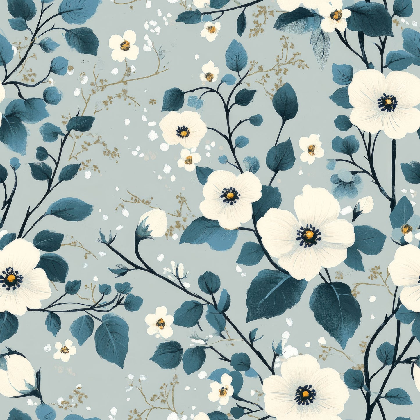 cornflower blue, cream white, soft gray, floral pattern, botanical design, delicate flowers, blue leaves, branching stems, watercolor style, gentle mood, quilting cotton, fabric panel, spring blossoms, nature motifs, scattered petals, organic flow, pastel tones, garden flowers, feminine design, soft texture