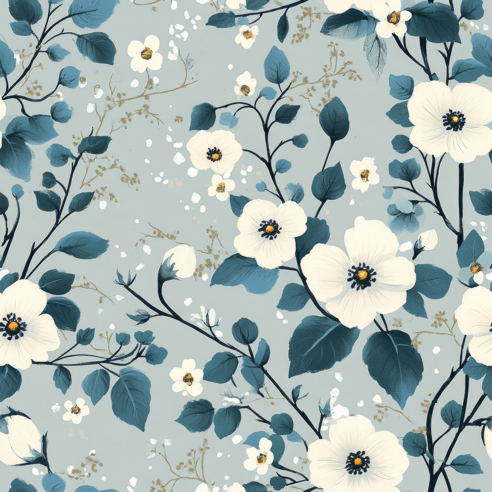 cornflower blue, cream white, soft gray, floral pattern, botanical design, delicate flowers, blue leaves, branching stems, watercolor style, gentle mood, quilting cotton, fabric panel, spring blossoms, nature motifs, scattered petals, organic flow, pastel tones, garden flowers, feminine design, soft texture