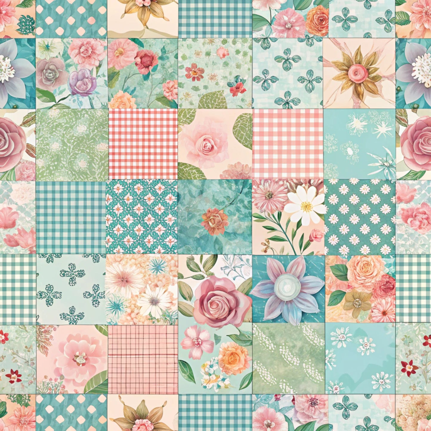spring patchwork, quilting cotton, fabric panel, floral motifs, gingham checks, pastel pink, mint green, sage green, coral pink, turquoise blue, roses, daisies, botanical prints, vintage flowers, shabby chic, cottage style, patchwork squares, quilting fabric, spring garden, soft pastels