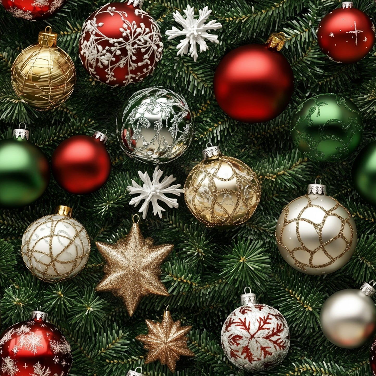 christmas ornaments, red baubles, gold decorations, green pine needles, white snowflakes, silver ornaments, star decorations, evergreen branches, holiday pattern, festive design, quilting cotton, fabric panel, realistic style, christmas tree, winter theme, metallic accents, spherical ornaments, decorative stars, seasonal fabric, holiday crafting