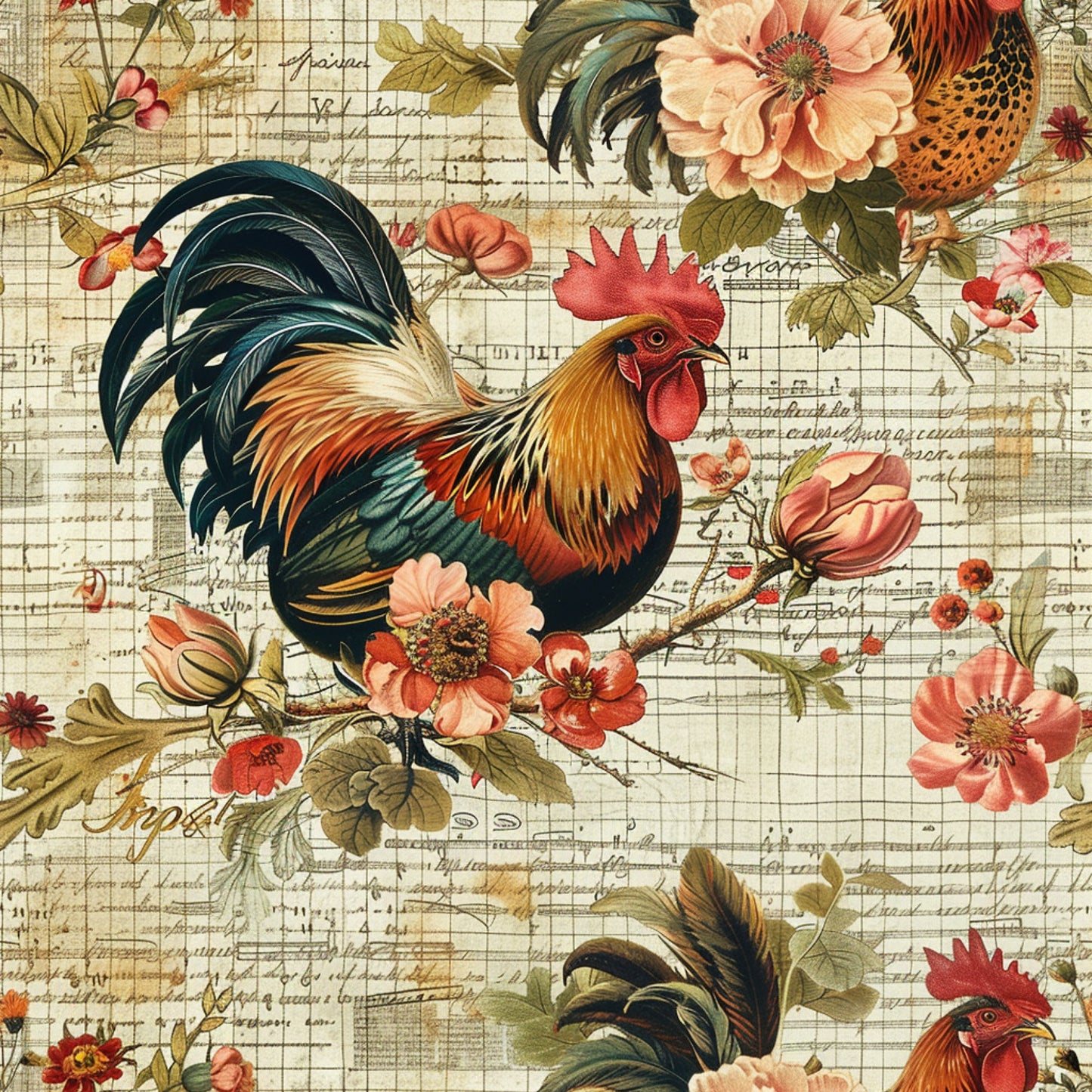 roosters, chickens, farm animals, floral motifs, vintage style, peach flowers, coral blooms, manuscript background, script text, quilting cotton, fabric panel, country theme, rustic design, botanical elements, green foliage, cream background, farmhouse aesthetic, decorative birds, mixed media look, antique feel