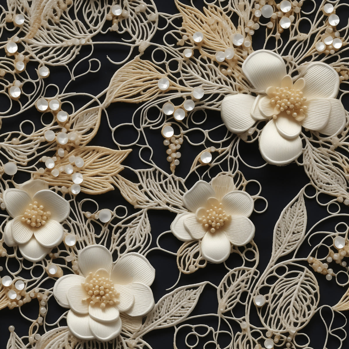 cream, ivory, beige, black background, floral pattern, lace motif, tatting design, delicate flowers, ornate leaves, vintage style, intricate details, quilting cotton, fabric panel, botanical elements, elegant design, feminine aesthetic, decorative swirls, textured appearance, craft fabric, sewing material