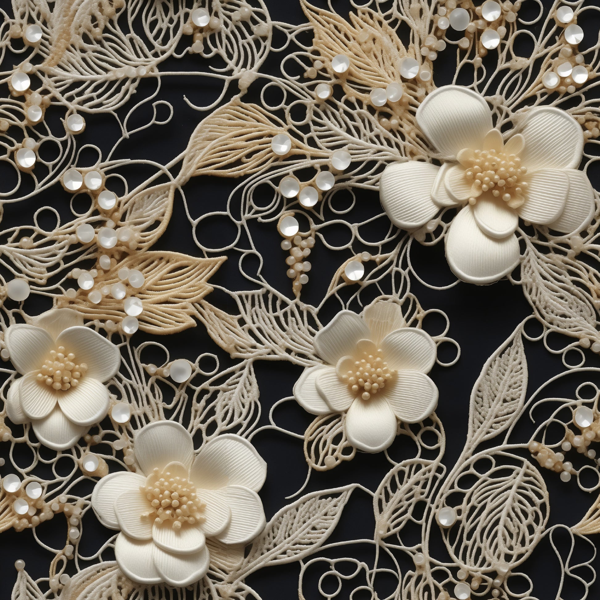cream, ivory, beige, black background, floral pattern, lace motif, tatting design, delicate flowers, ornate leaves, vintage style, intricate details, quilting cotton, fabric panel, botanical elements, elegant design, feminine aesthetic, decorative swirls, textured appearance, craft fabric, sewing material