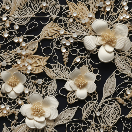 cream, ivory, beige, black background, floral pattern, lace motif, tatting design, delicate flowers, ornate leaves, vintage style, intricate details, quilting cotton, fabric panel, botanical elements, elegant design, feminine aesthetic, decorative swirls, textured appearance, craft fabric, sewing material