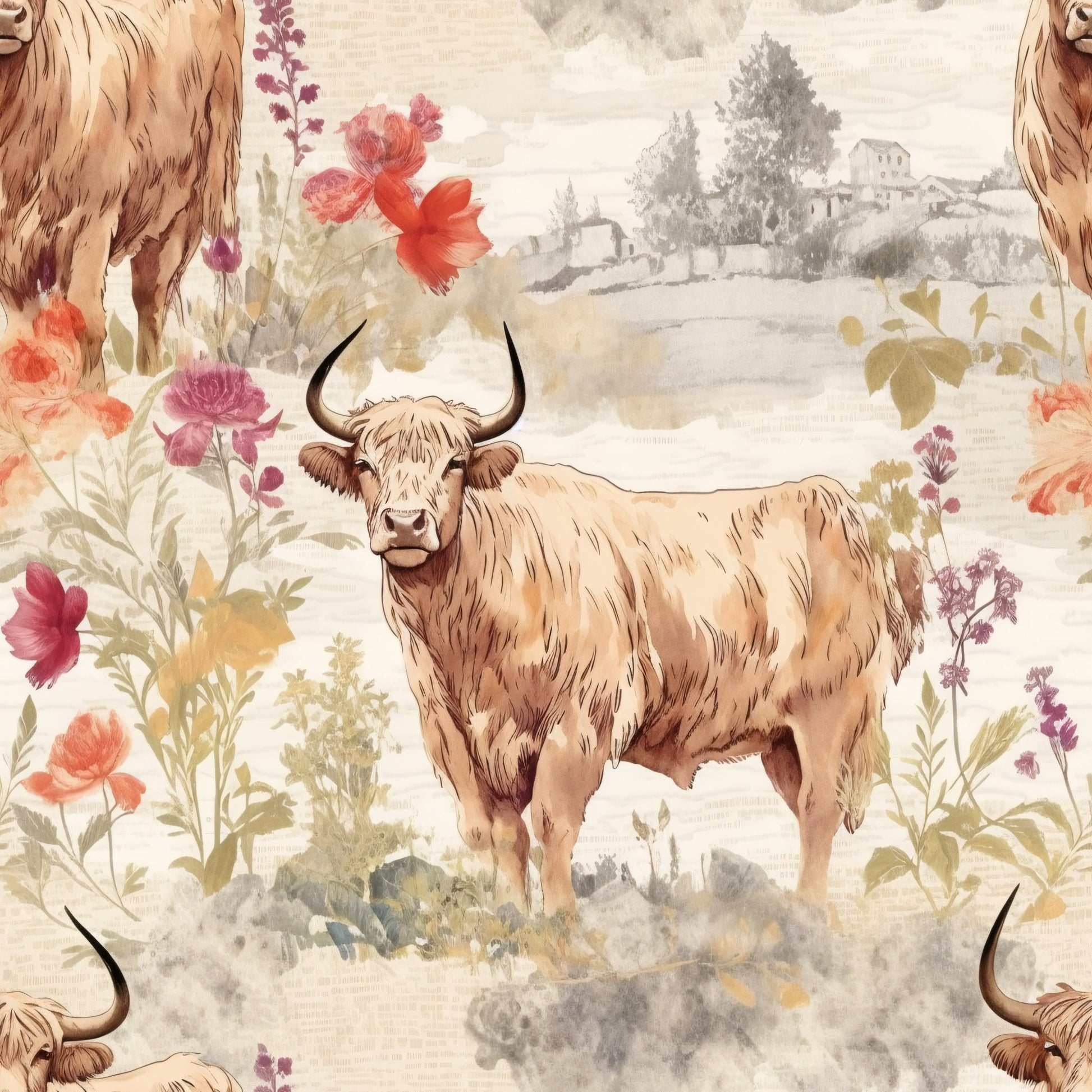 highland cows, brown cattle, horned cattle, pastoral scene, floral elements, wildflowers, red poppies, purple blooms, cream background, beige tones, rustic landscape, farm animals, countryside setting, watercolor style, soft illustration, quilting cotton, fabric panel, botanical motifs, rural theme, gentle mood
