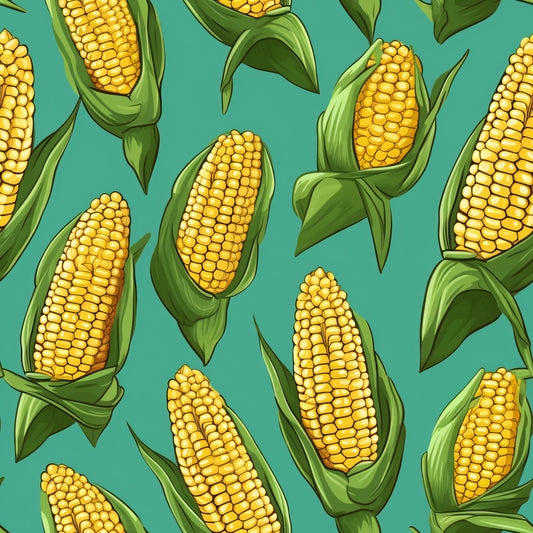 sweet corn, corn cobs, yellow kernels, green husks, teal background, turquoise, golden yellow, vegetable pattern, farm fresh, harvest theme, botanical design, seamless repeat, quilting cotton, fabric panel, summer produce, agriculture motif, corn stalks, green leaves, food illustration, kitchen theme