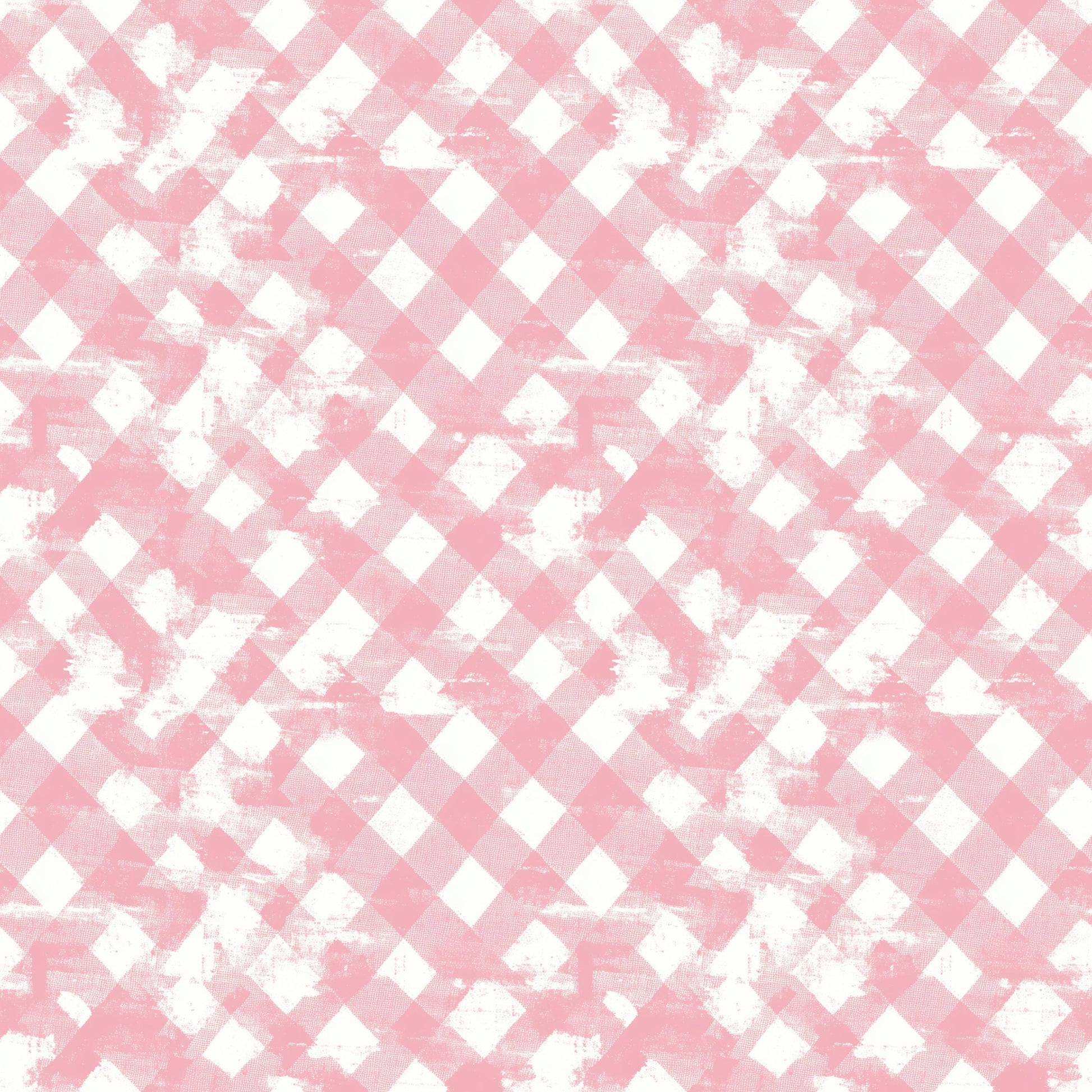pink, white, gingham, checkered, diagonal pattern, vintage style, distressed texture, weathered look, quilting cotton, fabric panel, soft pink, pastel, shabby chic, worn appearance, geometric design, crafting material, sewing fabric, nostalgic mood