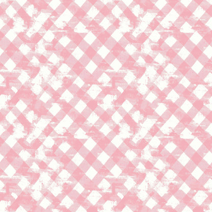 pink, white, gingham, checkered, diagonal pattern, vintage style, distressed texture, weathered look, quilting cotton, fabric panel, soft pink, pastel, shabby chic, worn appearance, geometric design, crafting material, sewing fabric, nostalgic mood