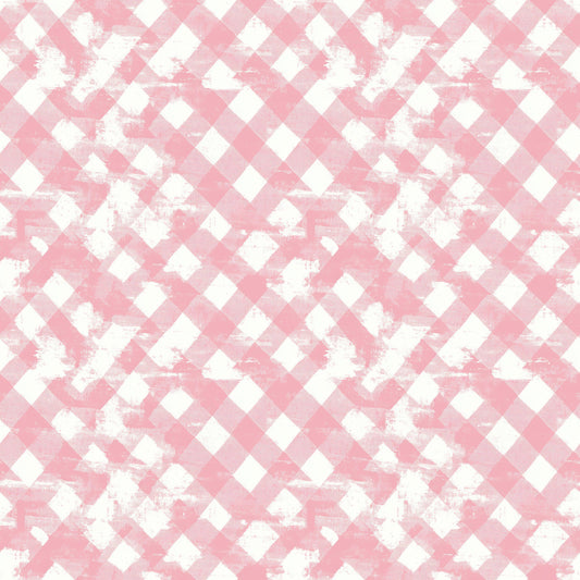 pink, white, gingham, checkered, diagonal pattern, vintage style, distressed texture, weathered look, quilting cotton, fabric panel, soft pink, pastel, shabby chic, worn appearance, geometric design, crafting material, sewing fabric, nostalgic mood