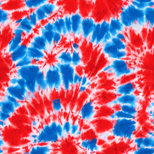 red, blue, white, tie dye, spiral pattern, starburst design, patriotic, american colors, swirl motif, quilting cotton, fabric panel, bright colors, vibrant dyes, radiating circles, fourth of july, summer theme, festive pattern, cotton fabric, crafting material