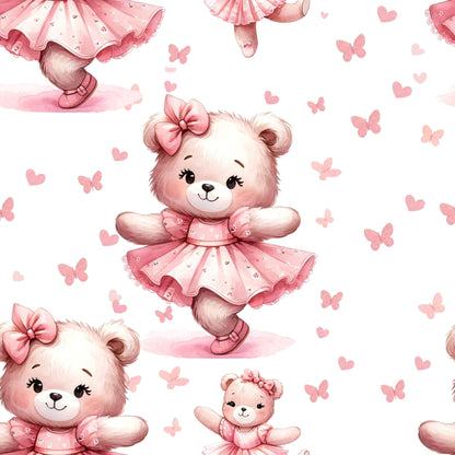 pink, blush, coral, teddy bears, ballet bears, dancing bears, tutu dresses, bow accessories, butterflies, hearts, polka dots, floral patterns, cute animals, whimsical style, nursery theme, quilting cotton, fabric panel, sweet design, girly motifs, children's fabric