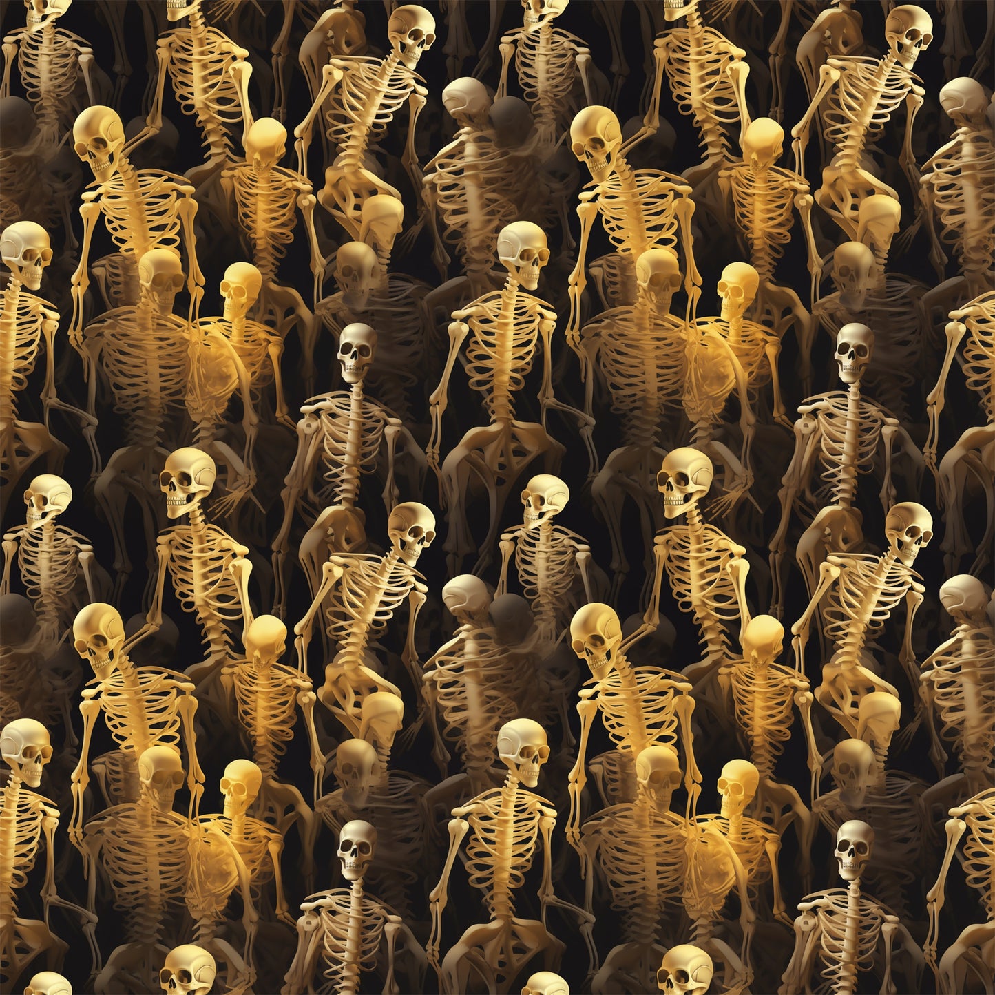skeletons, bones, skulls, golden yellow, amber, brown, black background, spooky, eerie, macabre, repeating pattern, anatomical, human skeleton, halloween, horror theme, scary, dark atmosphere, quilting cotton, fabric panel, seasonal fabric