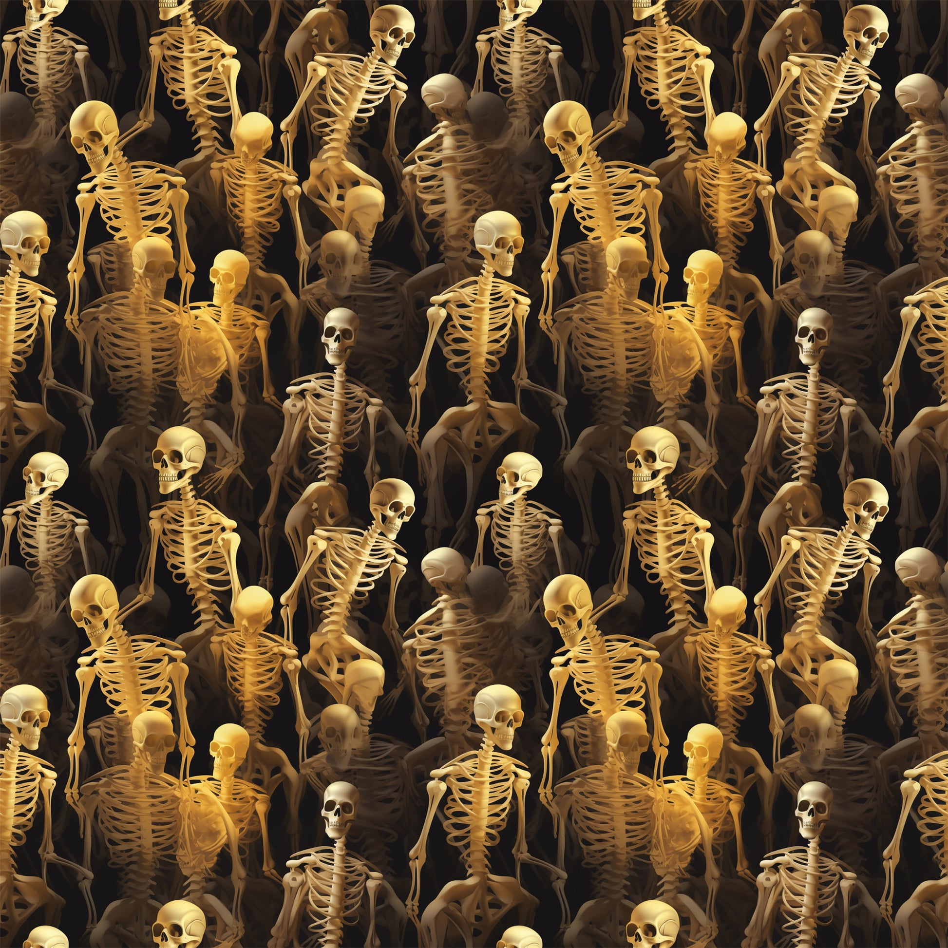 skeletons, bones, skulls, golden yellow, amber, brown, black background, spooky, eerie, macabre, repeating pattern, anatomical, human skeleton, halloween, horror theme, scary, dark atmosphere, quilting cotton, fabric panel, seasonal fabric
