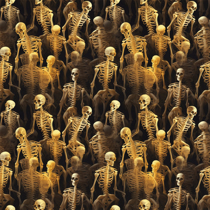 skeletons, bones, skulls, golden yellow, amber, brown, black background, spooky, eerie, macabre, repeating pattern, anatomical, human skeleton, halloween, horror theme, scary, dark atmosphere, quilting cotton, fabric panel, seasonal fabric