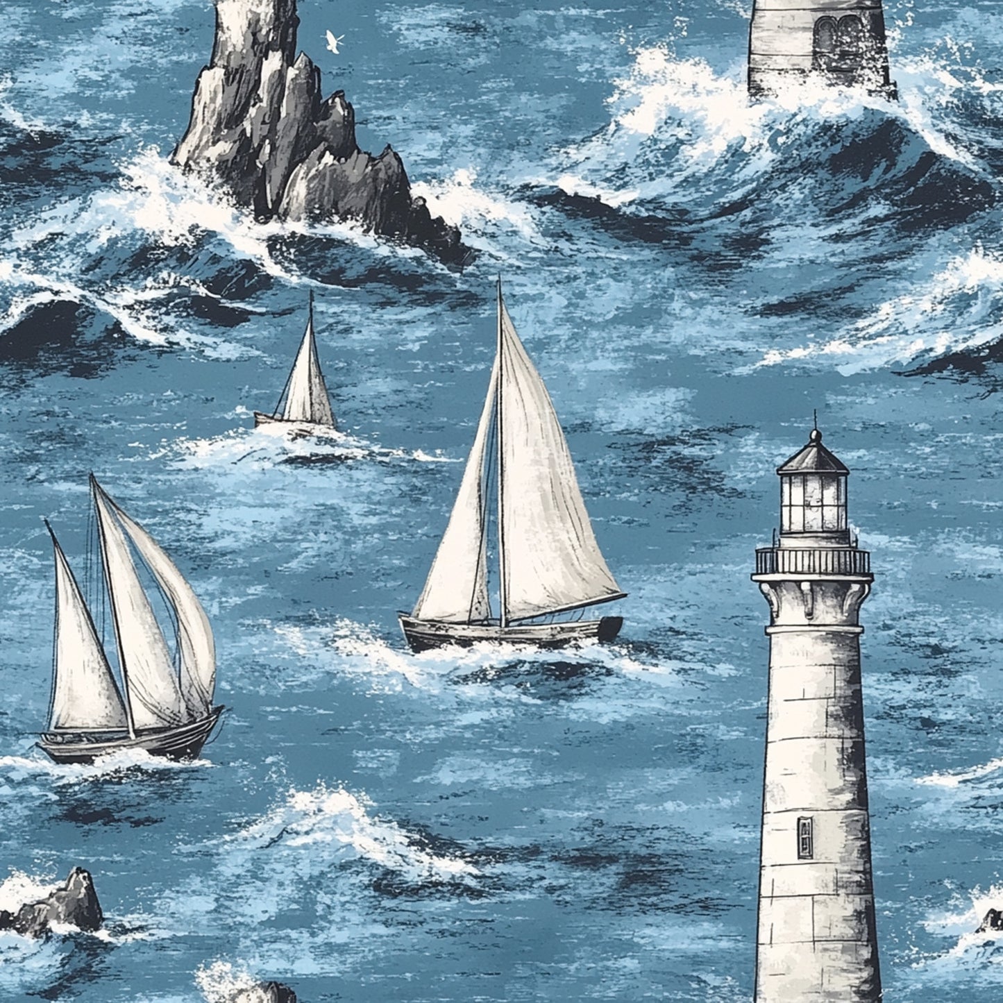 ocean blue, white sails, lighthouse, sailboats, nautical scene, rocky cliffs, crashing waves, sea foam, maritime theme, quilting cotton, fabric panel, coastal design, sailing ships, lighthouse beacon, stormy seas, marine illustration, vintage style, seascape pattern, nautical motifs, ocean waves