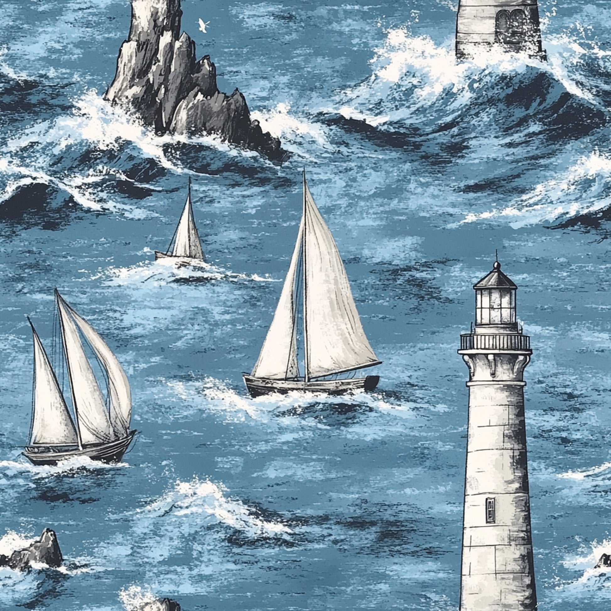 ocean blue, white sails, lighthouse, sailboats, nautical scene, rocky cliffs, crashing waves, sea foam, maritime theme, quilting cotton, fabric panel, coastal design, sailing ships, lighthouse beacon, stormy seas, marine illustration, vintage style, seascape pattern, nautical motifs, ocean waves