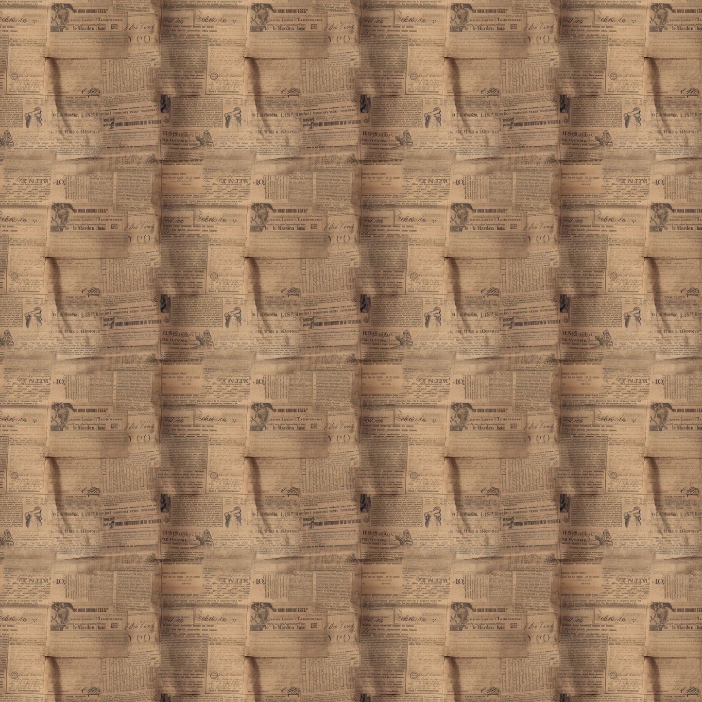 aged newspaper, vintage newsprint, sepia tones, brown hues, tan coloring, beige backdrop, antique papers, text patterns, newspaper clippings, weathered look, distressed finish, quilting cotton, fabric panel, retro style, nostalgic design, collage pattern, overlapping papers, faded print, historical documents, craft fabric