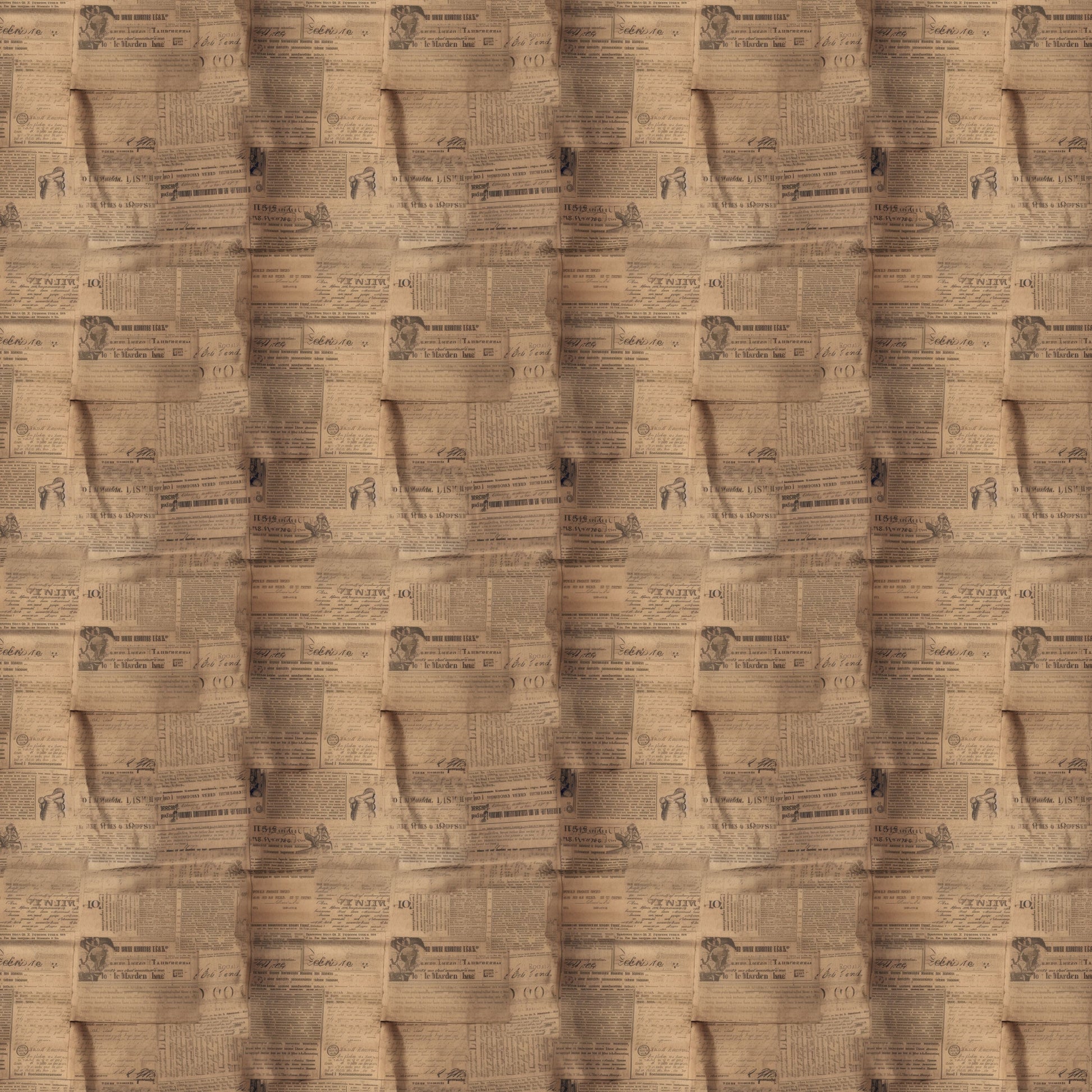 aged newspaper, vintage newsprint, sepia tones, brown hues, tan coloring, beige backdrop, antique papers, text patterns, newspaper clippings, weathered look, distressed finish, quilting cotton, fabric panel, retro style, nostalgic design, collage pattern, overlapping papers, faded print, historical documents, craft fabric